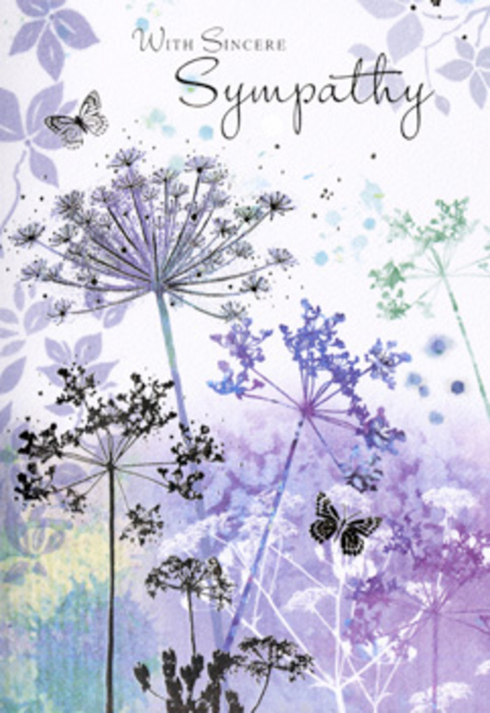 The design of this sympathy card feels like standing in a hushed clearing near the heart of Petts Wood, where the last light of day softens every contour. A cluster of tall, fine-stemmed wildflowers, reminiscent of umbellifers and meadow blooms, stretches gracefully upward from the lower edge of the card. Their heads are made up of tiny, intricate florets, sketched with a filigree delicacy in tones of smoky violet, dusky indigo, and cool, silvery green. Some stems lean gently towards one another, like friends offering support, while others stand a little apart, each bloom holding its own quiet space. Behind them, the background melts into layered watercolour veils of heather, lilac, and muted blue-grey, similar to the subtle haze you might see above the trees when looking across Petts Wood Park at first light. Two butterflies drift above and between the petals, their wings shaded so softly they seem almost weightless, symbolising the fragile yet enduring presence of memory. The light is even and subdued, with no sharp edges, giving the whole illustration a meditative stillness. As a local florist who has helped many families along Chislehurst Road and the nearby avenues, I recognise in this card the same tenderness we seek when sending sympathy flowers: a way to say, I'm here with you, without crowding the moment. The card does not rely on bold colour or dramatic shapes; instead, it offers a gentle, steady comfort, like a quiet walk beneath the trees, perfect for accompanying a condolence bouquet delivered to a Petts Wood home or service.
