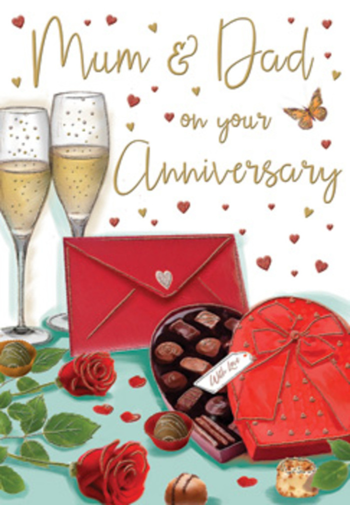 Luxurious anniversary greeting card illustration that captures the essence of a long-lasting partnership, set against a warm background that could easily evoke a Petts Wood dining room table laid out for a special evening. In the centre, two tall, slender champagne glasses rise from the surface, their stems clear and delicate, holding sparkling golden liquid with fine bubbles that seem to glow from within. Just off to one side, two perfectly formed red roses rest gracefully on the table, their petals lush and richly coloured, with dark green leaves fanning out as though they have just been gently laid down after being carried home from a local florist near Petts Wood station. Nestled in front of the blooms is a heart-shaped box of chocolates, its lid tipped back to reveal an indulgent selection of truffles and pralines, each nestled in its own wrapper. A wide red satin bow encircles the box, the ribbon ends curling softly and catching the same gentle light that highlights the champagne. A vivid scarlet envelope lies nearby, neatly sealed and suggestive of a lovingly written anniversary note, perhaps prepared quietly at the kitchen table while the streets around Petts Wood grow calm for the evening. Over the entire scene, tiny gold and crimson hearts and delicate swirls drift through the air, framing hand-lettered words dedicated to Mum & Dad, which sit proudly yet tenderly above the arrangement. The atmosphere is one of indulgent yet heartfelt celebration, filled with imagined scents of fresh roses and rich chocolate, echoing the kind of intimate family moments that follow a surprise delivery from Flower Delivery Petts Wood and a shared toast to many years together.