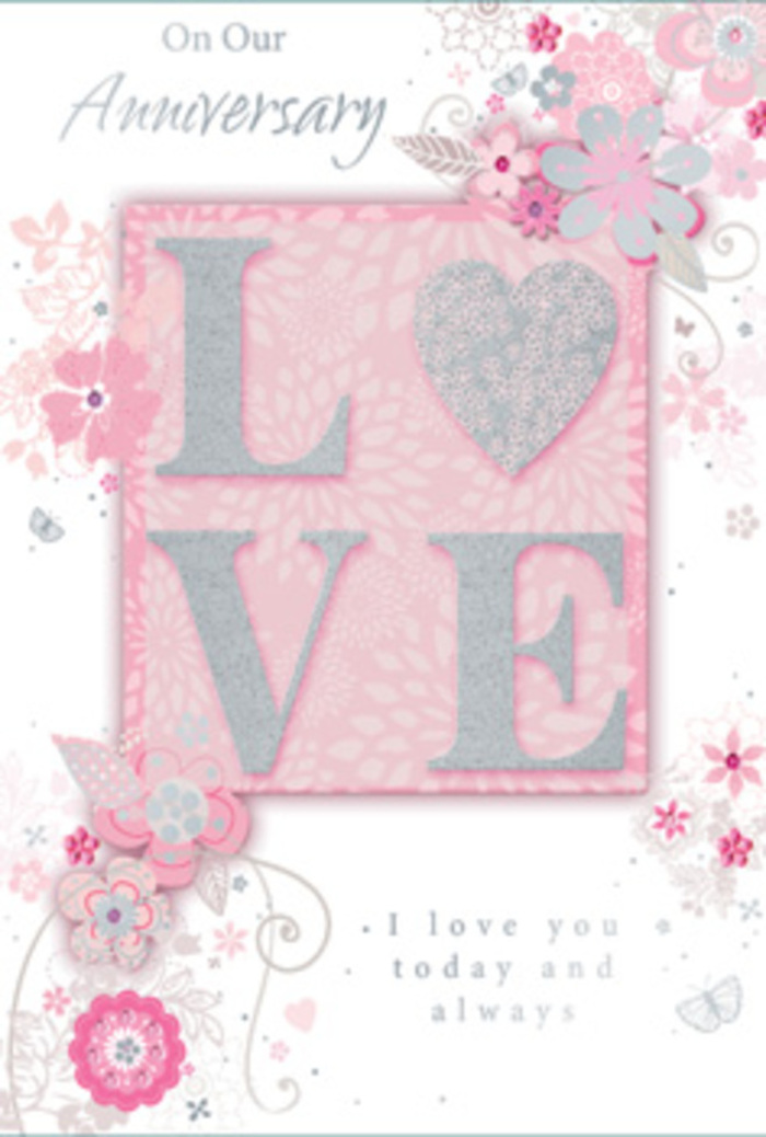 This anniversary card has the serene charm of a hand-tied bouquet laid on a linen-covered table in a Petts Wood home, flooded by soft morning light. At the heart of the design, the word LOVE appears in large, raised letters, each one dusted with fine, frosted glitter that shimmers in shades of blush pink, pearlescent white, and subtle silver. The relief gives the lettering a sculpted, almost embossed feel, inviting your fingers to linger over its gentle curves. Behind and around this central motif lies a haze of soft pink, like a wash of watercolour, offering a warm, romantic backdrop. From the edges, delicate, hand-drawn flowers and airy sprays of leaves drift inward, their lines fine and graceful, as if a florist were sketching the outline of a spring anniversary arrangement. The blooms are rendered in pale pinks and soft greys with touches of silver, suggesting roses and tiny filler flowers without naming them outright. Between the petals, subtle swirls and flourishes echo the winding footpaths through nearby Petts Wood's leafy streets, giving the card a feeling of movement and gentle continuity. Nestled among the design, in graceful script, are heartfelt anniversary words set in a calm, elegant typeface, understated yet deeply sincere. The entire composition feels light, almost dreamlike, carrying the same emotional weight as receiving a delicate bouquet delivered to your door by a local expert florist - a quiet tribute to years of shared mornings, quiet walks, and the steady companionship that makes each anniversary so meaningful.