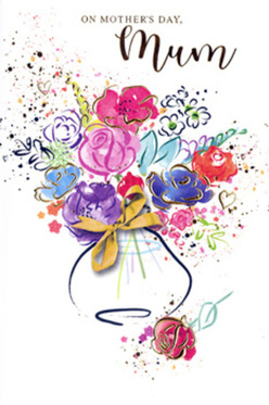 This artistic Mother's Day card features a vivid, painterly bouquet that looks as though it has been brushed into life by a florist who knows the rhythm of Petts Wood's gardens. At the centre, bold blooms in cerise, magenta, and deep indigo cluster together, each petal defined by fluid watercolour strokes that bleed softly into one another. These intense hues are softened by accents of lavender, sky blue, and apricot, so every flower seems to find its own space without overpowering the next. Around the edges of the petals, delicate lines and tiny flecks of gold shimmer gently, creating the impression of morning light glancing off freshly opened blossoms, like those you might see on an early walk past the tree-lined streets near Petts Wood station. The bouquet itself feels loosely gathered, with splashes and speckles of paint drifting into the surrounding white space, echoing the spontaneity of petals falling or confetti tossed in celebration. Hearts and tiny abstract shapes hover at the margins, reinforcing the quiet theme of love and appreciation at the core of the design. Beneath the blooms, a softly contoured vase, washed in pale blue-grey tones, grounds the composition. A neat golden bow around its neck recalls the finishing touch on a hand-tied bunch prepared locally for same-day delivery. The background remains bright and uncluttered, so the colours appear luminous and airy, like a fresh arrangement sitting near a sunny window in a Petts Wood home. The overall feeling is one of warmth, gratitude, and gentle joy - a paper bouquet that speaks clearly of the special bond between mother and child.