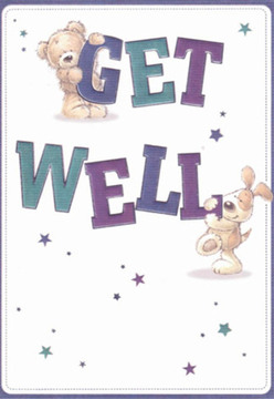 There's a comforting sense of lightness woven through this cheerful get well card, thoughtfully crafted and reminiscent of the inviting atmosphere around Petts Wood Station. At the center, an affectionate teddy bear perches atop the word "GET," while a lively puppy's nose gives an encouraging nudge to the bold "WELL" spelled out just below. Their soft, rounded shapes and expressive faces embody the hopefulness of a hand-delivered bouquet, offering comfort through every detail. The deep purples and serene teals of the large lettering create a gentle harmony, standing out crisply against the pure white background-echoing the clarity and freshness one feels walking through Jubilee Park after rain. Dancing across the card, scattered starbursts in turquoise and violet suggest the quiet magic of recovery and well-wishes delivered with care. The illustrated fur of the cuddly creatures appears almost touchable, lending the scene real warmth and familiarity. For anyone in Petts Wood in need of encouragement, this card radiates the same nurturing care as a thoughtfully crafted floral arrangement, brightening even the most challenging day.
