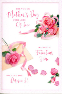 This Mother's Day card is arranged like a carefully composed floral display, as if a Petts Wood florist has laid their favourite stems across a white workbench and frozen them in time. Clusters of lush pink roses, ranging from the palest blush to a deeper, romantic rose tone, rest gently across the card, each bloom full, layered, and softly textured. The petals appear almost touchable, with a velvety surface and slight ruffling at the edges, evoking the feel of freshly opened roses you might see in front gardens near Station Square. Around the main cluster, loose petals are scattered in an artful yet relaxed pattern, suggesting the natural fall of flowers being arranged for a special mum. Flowing, hand-lettered script weaves between the blooms, its curling lines echoing the rounded shapes of the petals while carrying a loving Mother's Day message that seems handwritten rather than printed. A delicate ribbon, in a muted pastel shade, loops calmly through the design, drawing the eye across the card the way a florist's ribbon winds through a hand-tied bouquet. The whole scene is bathed in soft, even light, with the slightest hint of shadow adding depth, like gentle morning light filtering through trees by Petts Wood Recreation Ground. There is no clutter-only the serene interplay of roses, petals, lettering, and ribbon, combining to convey quiet admiration and gratitude. It feels like a card that would be paired with a fresh rose bouquet delivered locally, turning a simple gesture into a tender celebration of motherhood.