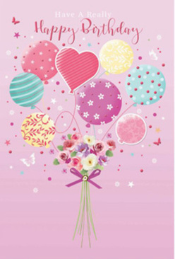 This birthday artwork captures the feeling of a festive afternoon in Petts Wood, where everything seems to float on a soft, pastel breeze. A cluster of airy balloons rises from the centre of the design, set against a blush-pink background that feels as gentle as early evening light along Queensway. Each balloon is unique: some are dressed in candy-striped ribbons of rose, teal, and lemon, others are speckled with jaunty polka dots, while a few are brushed with delicate floral patterns or dreamy swirls of lavender and sea green. Nestled where the strings would meet is a hand-tied bouquet, gathered as carefully as a florist might arrange a special birthday delivery nearby on Station Road. The flowers are petite yet plentiful, with dainty roses and soft, daisy-like blossoms in shades of cream, blush pink, and muted mauve. Their petals appear velvety and layered, gently cupped and slightly ruffled, suggesting freshness and a light, sweet scent. A violet ribbon encircles the stems, tied in a neat bow that glimmers subtly, as though catching a shaft of sunlight through woodland leaves. Around the bouquet, small stars and fluttering butterflies drift, adding a whisper of fairy-tale charm, like spotting specks of light between the trees of Petts Wood. The overall mood is playful but refined, a balance of childlike delight and grown-up elegance. It feels like a birthday card designed to be cherished, turning the simple idea of balloons and flowers into a floating garden of celebration, perfectly suited to brighten a birthday morning at home or a gathering with friends in Petts Wood.