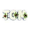 A serene, dignified tribute spells the name TOM in large, three-dimensional letters, each letter built from a dense carpet of pristine white chrysanthemums that read as soft, pillowy masses. The surface of the letters looks plush and cloud-like to the touch, the tiny chrysanthemum petals layered so closely that they form a gentle, tactile field of white; the overall effect is one of comforting quiet rather than ostentation. Around every crisp edge a band of royal blue ribbon traces the outline, its satin sheen lending a cool, respectful contrast that defines each curve and angle against the bright white background. Nestled within the centre and lower sections of the T, O and M are carefully balanced sprays: each cluster anchored by a single deep red rose that draws the eye and speaks of abiding love, surrounded by smaller creamy-white spray roses and slender fern fronds that give depth and a green, almost woodsy freshness. The red roses carry a faint, velvety perfume that softens the composition, while the chrysanthemums lend a dry, powdery calm. A narrow dark green metal framework and a thin horizontal support are visible beneath the base, hinting at the florist's craft and practical care taken so the letters stand steadily at a funeral chapel or graveside. Bathed in soft, north light on a plain white backdrop, the arrangement reads as an intimate, handcrafted memorial-a piece you could imagine placed at St. Peter's or brought from a service near Petts Wood High Street-offering solace and dignity in a quieter moment of remembrance.