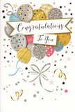 The image presents an elegant congratulations card styled as though it has just been placed beside a fresh vase of flowers on a table in a Petts Wood home. Dominating the design is a playful yet refined bouquet of illustrated balloons, gathered near the centre of the card and rising upward in an easy arc. The balloons are softly rounded and painted in a harmonious palette of champagne gold, brushed silver, blush pink, sky blue, and gentle grey, each one unique with its own pattern of tiny stars, slender stripes, or speckled glitter-like accents. The metallic inks give the impression of a soft sheen, reminiscent of evening light catching party decorations in a local Petts Wood restaurant. From the base of the balloon cluster, graceful ribbons unfurl in curling lines of gold and silver, looping and crossing like the casual tangle of real balloon strings held in hand. Around this focal point, dainty metallic stars, swirls, and confetti dots float freely across the pale backdrop, suggesting movement and the joyful murmur of a well-earned celebration. A broad, gently curving banner stretches across the middle of the card, its subtly shaded edges helping it stand out without overpowering the composition. On this banner, the phrase Congratulations To You appears in flowing, decorative script, each letter joined with the care of a handwritten note. The mood of the card is bright but not loud, capturing the feel of heartfelt pride and shared joy-ideal for marking exam results, a new job, or any milestone where Petts Wood families might want to send flowers and a keepsake card together.