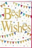 This congratulations card captures the easy, joyful feel of a neighbourhood celebration in Petts Wood, distilled into a clean, modern design. In the centre, Best Wishes is written in sweeping golden script, the letters slightly embossed so they cast the softest of shadows and seem to shimmer as though lit by warm indoor fairy lights. The gold ink has a glittering, metallic sheen that looks almost touchable, like the glint of sunlight on fresh ribbon tied around a bouquet. Framing this central greeting, two generous swags of bunting arc across the card-one above, one below-creating a loose oval that embraces the words. Each tiny triangular flag is painted in vivid, festive colours: brilliant blues, candy reds, fresh grassy greens and bright yellows, with the occasional softer pastel mixed in. Many of the pennants carry patterns-narrow stripes, cheerful dots, small geometric shapes-giving the impression of hand-crafted decorations lovingly strung up for a party at home near the open green spaces leading towards Jubilee Country Park. Between the bunting strands, the white background is sprinkled with minute stars and rounded dots, like confetti suspended in mid-air just after being thrown. These scattered elements add a sense of light movement, suggesting the bunting is gently fluttering in an unseen breeze. Despite the abundance of colour and detail, the design remains airy and uncluttered, with plenty of spacious white surrounding the glowing words. The overall mood is one of warm, inclusive celebration-equally suited to congratulating someone on an exam result, a new role, or any proud achievement. It feels like the perfect finishing touch to accompany a fresh floral delivery across BR5, bringing not only colour but a heartfelt wish for happiness and success.