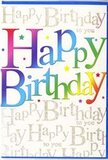 This birthday card design feels like opening the door to a surprise celebration, its front dominated by a jubilant Happy Birthday that sweeps across the centre in large, colourful letters. Each letter takes on its own hue, flowing from deep wine reds and vibrant magentas into violet, cobalt, turquoise, and leafy greens, then softening into buttery yellows and warm oranges. The colours melt into one another seamlessly, creating a smooth rainbow gradient that recalls the rich mix of tones in a cheerful birthday bouquet. The print appears slightly glossy, giving the impression that, under the light of a Petts Wood living room or a café near Station Square, the letters would gently gleam. Behind this bold statement, the background is fully covered in repeating lines of Happy Birthday to you written in an elegant, looping gold script. The metallic ink is subtle yet luminous, catching tiny flashes of light so it looks like delicate strands of gold thread woven through the card. The words overlap and drift across the surface in soft waves, like the happy murmur of friends singing together at a birthday dinner. Scattered here and there between the letters are delicate dashes of colour and tiny star-like shapes, suggesting confetti, sparkles, and the excitement of candles about to be blown out. The composition feels thoughtfully layered-bold at first glance, but full of gentle detail on closer inspection. It's the sort of card that could sit beside a vase of fresh flowers from a local Petts Wood florist, enhancing the atmosphere of the day and reminding the recipient that this is a birthday meant to be cherished.