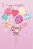 This illustrated birthday card design feels like a small celebration floating above Petts Wood, filled with soft colour and gentle joy. Against a pale pink background, a bouquet of balloons rises gracefully, as if carried upward on a warm spring breeze drifting past Petts Wood station. Each balloon is lovingly detailed: some display candy-coloured stripes that twist playfully, others are sprinkled with lively polka dots, while a few are adorned with simple floral patterns and fluid swirls in rose pink, sea green, lemon yellow, and delicate lavender. A prominent heart-shaped balloon glows near the centre, adding a note of affection and making the composition perfect for a cherished friend or family member's birthday. From the cluster of strings, a hand-tied bouquet seems to bloom, its flowers echoing the colours above. Petite roses and anemone-like blossoms in cream, blush, and muted mauve cluster together, their petals feathery and soft-edged, suggesting freshness and a quiet, sweet scent. A violet satin bow gathers the stems, the ribbon shining as though brushed by soft daylight filtering through nearby woodland. Around the arrangement, tiny stars and fluttering butterflies drift and sparkle, lending a touch of fairy-tale magic, like catching fireflies in the early evening. The whole piece blends whimsy with a subtle elegance, reminiscent of a bouquet carefully prepared for local birthday deliveries around Petts Wood. It captures the essence of a light-hearted celebration-airiness, colour, and warmth-turning simple balloons and blooms into a tender, uplifting birthday moment someone would happily keep on display long after the candles are blown out.