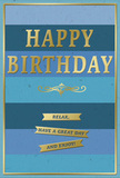 A beautifully balanced blue and gold birthday card, perfect for a quiet celebration in Petts Wood, seems to glow gently with composed joy. The background is structured with generous horizontal stripes in varied shades of blue, beginning with a velvety navy at the top, softening through teal and rich ocean tones, and settling into a pale, airy sky blue at the base. The effect is reminiscent of watching the sky change above the trees near Petts Wood Recreation Ground, calm and unhurried. Centered across these bands, the greeting HAPPY BIRTHDAY is embossed in tall, stately gold capitals, each letter meticulously spaced so the words feel both important and inviting. The gold surface has a soft sheen, catching and reflecting light like jewellery under a warm lamp. Just beneath, a refined golden flourish sweeps in a graceful curve, adding a hint of vintage charm and giving the eye a moment of decorative pause. Below this sits a trio of slim, golden banners, each one carrying a fragment of the gentle message Relax, have a great day and enjoy!, arranged so the sentiment reads like a calm sequence of birthday wishes rather than a single hurried line. Framing the whole design, a delicate gold border runs neatly around the edge, giving the card the tidy elegance of a well-wrapped present. The card stock appears smooth and slightly velvety to the touch, with the matte blues allowing the embossed gold to shimmer more distinctly. You can imagine this card propped beside a fresh bouquet on a windowsill overlooking a quiet Petts Wood street, the combination of tranquil colour, subtle shine, and heartfelt wording creating a birthday moment that feels both restful and genuinely special.