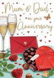 Heartfelt anniversary card design featuring an inviting celebration still life that feels as if it could be set in a quiet Petts Wood home after a special family dinner. Two elegant champagne flutes stand side by side at the centre, their slender stems and gently curving bowls filled with pale golden fizz, tiny bubbles held mid-rise as though caught at the perfect moment for a toast. To one side, two deep red roses rest on the table, the petals plush and layered, bordered by glossy green leaves that add a fresh, garden-like touch, reminiscent of roses just brought in from a Petts Wood garden or nearby florist. In front of the flowers, an open heart-shaped chocolate box reveals an assortment of truffles in different shades of cocoa and caramel, each nestled into its own tiny nest of paper, with a few chocolates scattered invitingly on the table. The box is wrapped in a wide satin red bow, its loops and trailing ends echoing the richness of the roses and the warmth of the occasion. A scarlet envelope, sealed and lying at a gentle angle, hints at a handwritten message brimming with affection for Mum and Dad, like a note exchanged after a leisurely walk across Jubilee Park. Floating above and around the composition are small golden and crimson hearts and graceful flourishes, framing the hand-lettered dedication to Mum & Dad. The whole image radiates cosy sophistication, suggesting the soft clink of glasses, the sweet scent of chocolate, and the comforting presence of floral fragrance in a Petts Wood living room where another cherished anniversary is being quietly celebrated.